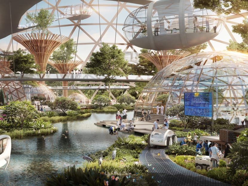 An artist impression of the Greater Southern Waterfront, where Singaporeans can live, work and play in a built environment that uses smart technologies, places nature first and takes a leaf out of Gardens by the Bay.