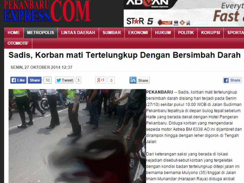 Screenshot of the Penkanbaruexpress article, which is still online as of 7pm, Nov 5, 2014. The image of the victim has been censored