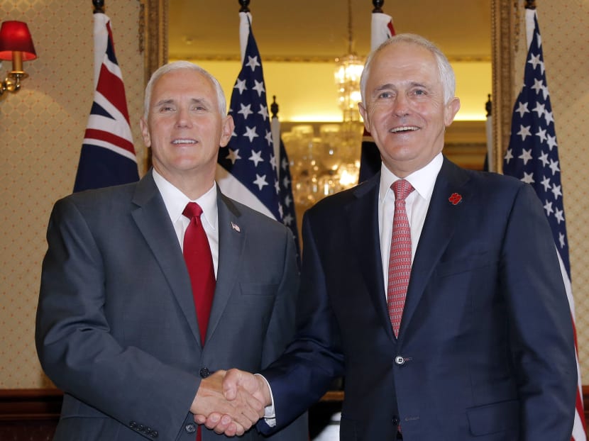 US Vice President Mike Pence, shakes hands with Australia's Prime Minister Malcolm Turnbull at Admiralty House in Sydney, Saturday, April 22, 2017. Photo: AP