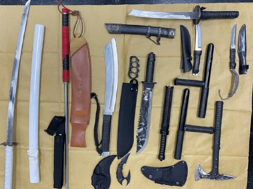 Weapons seized during a Central Narcotics Bureau raid in the vicinity of Ubi Avenue 1 on March 13, 2023.