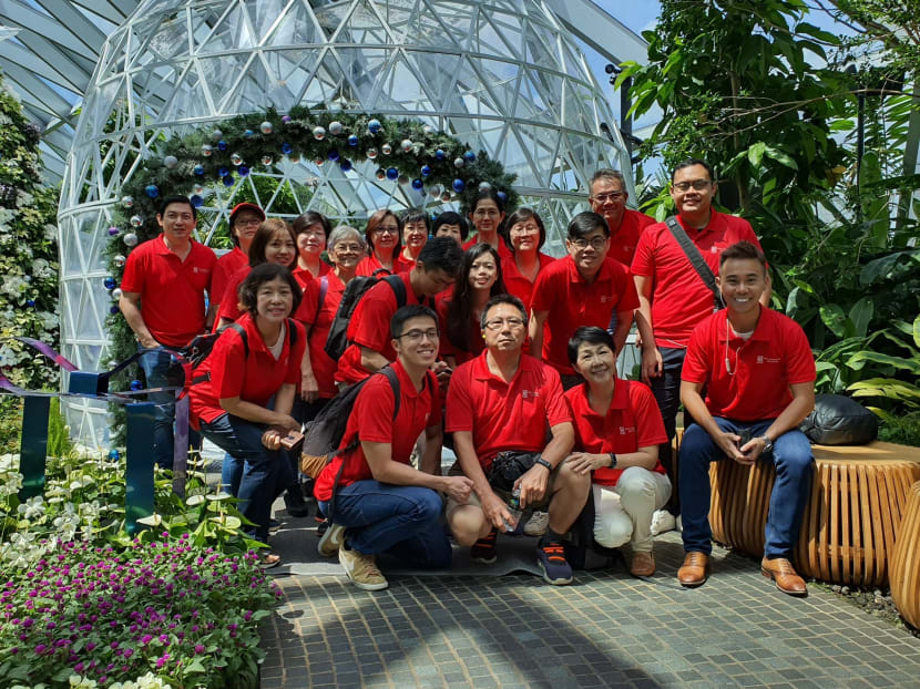 The author (extreme right) with other volunteers from the Nanyang Technological University Alumni Club at Jewel Changi Airport in January 2020 when they took a group of seniors there to tour the Canopy Park.
