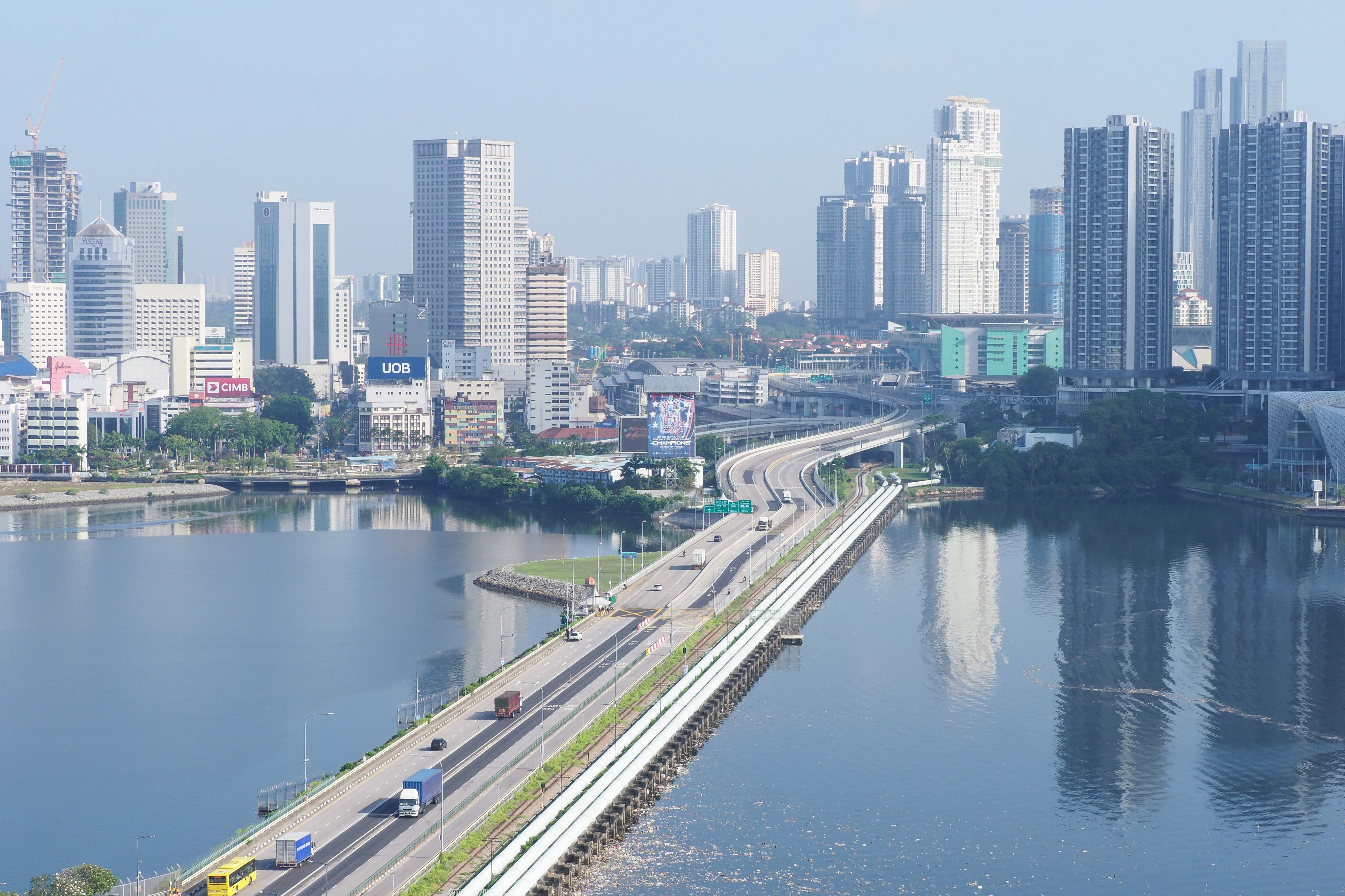 A view of the Causeway after traffic passes Singapore's Woodlands Checkpoint to head to Johor Baru, Malaysia. A view of the Causeway after traffic passes Singapore's Woodlands Checkpoint to head to Johor Baru, Malaysia.
