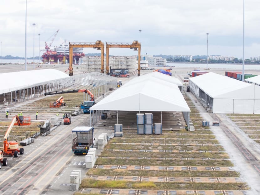 White tents seen at Tanjong Pagar Terminal at about 4pm on April 23, 2020.