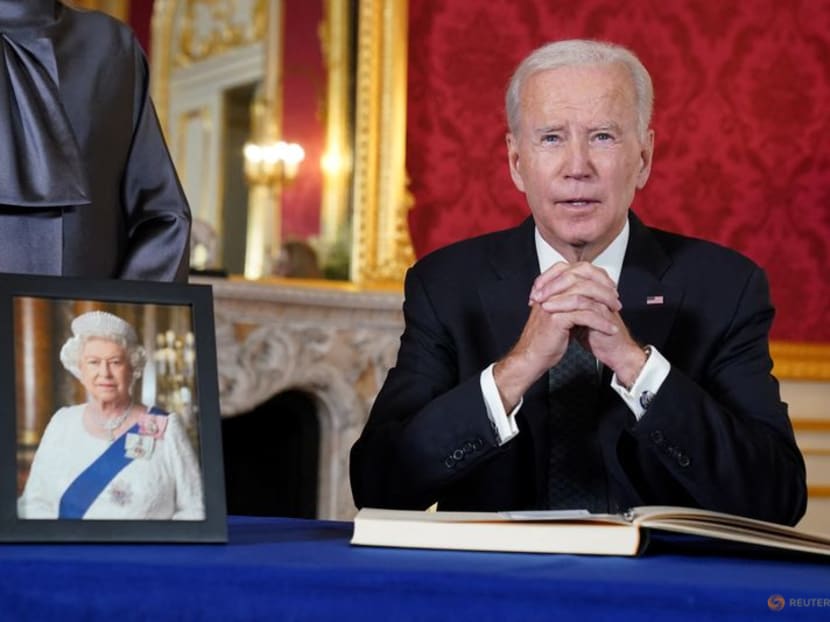 US President Joe Biden attends to sign a condolence book for Britain's Queen Elizabeth, following her death, at Lancaster House in London on Sept 18, 2022. US President Joe Biden attends to sign a condolence book for Britain's Queen Elizabeth, following her death, at Lancaster House in London on Sept 18, 2022.