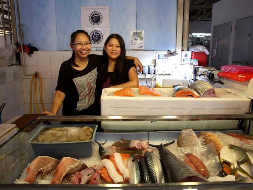 Ms Joyce Leong, (left) who conducts live-streaming seafood auctions from the Ang Mo Kio store she works at, Freshcatch Seafoodbidding, owned by Madam Serene Leang (right). Ms Joyce Leong, (left) who conducts live-streaming seafood auctions from the Ang Mo Kio store she works at, Freshcatch Seafoodbidding, owned by Madam Serene Leang (right).