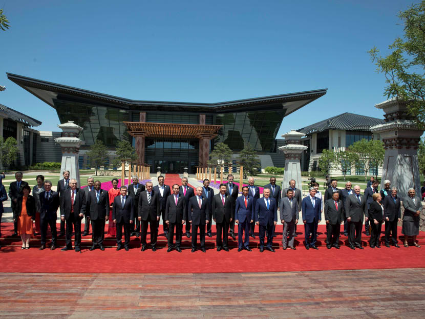 Leaders attending the Belt and Road Forum pose for a group photo at the Yanqi Lake venue on the outskirt of Beijing, China, May 15, 2017. Photo: Reuters