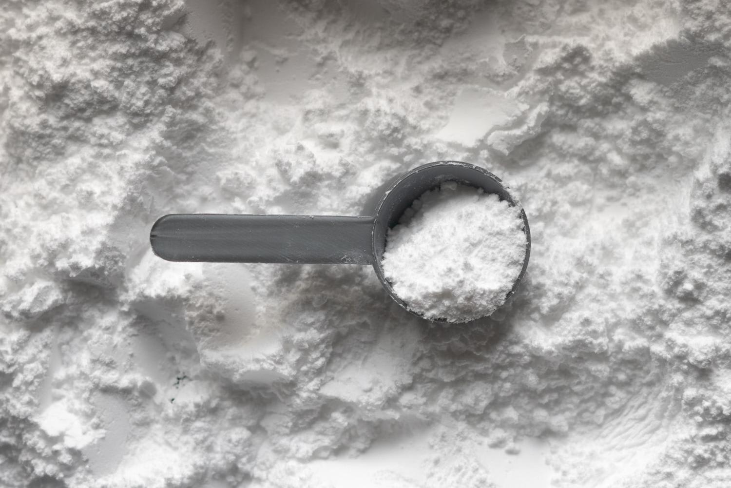 One scoop of white creatine monohydrate powder is seen in this file photo. 