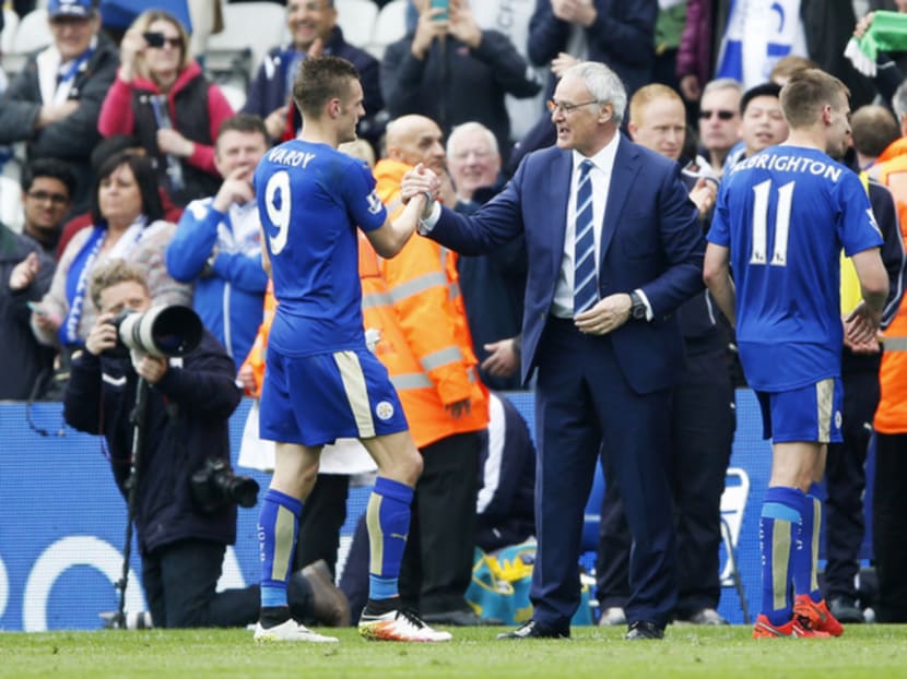 Leicester City manager Claudio Ranieri celebrating with Jamie Vardy. The striker has remained a persistent threat but the team’s goals are not flowing the way they did previously. Photo: Reuters
