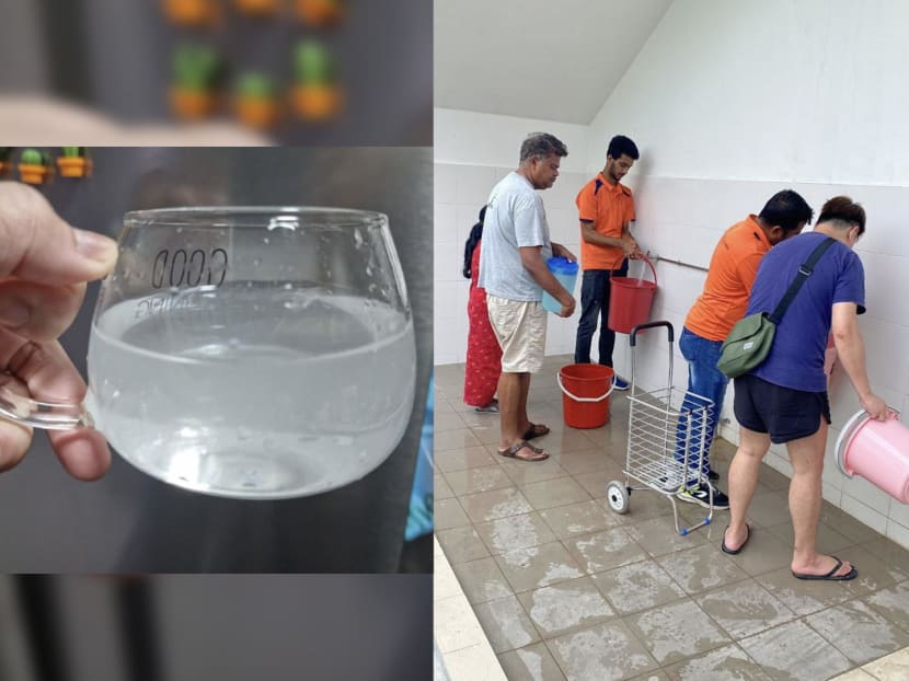 Residents at the Senja Ridges BTO project filling up pails during the water outage on March 19, 2023 (right) and some of the clouded water that flowed before the service was fully restored (left).