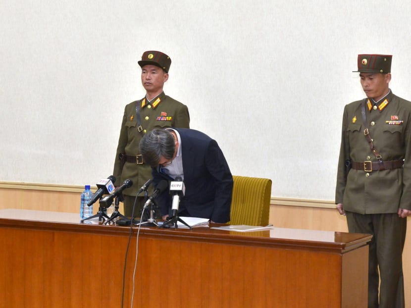 One of the two men whom North Korea identifies as being South Korean and accused of being a spy for South Korea bows during a news conference in Pyongyang, in this undated photo released by North Korea's Korean Central News Agency (KCNA). Photo: Reuters