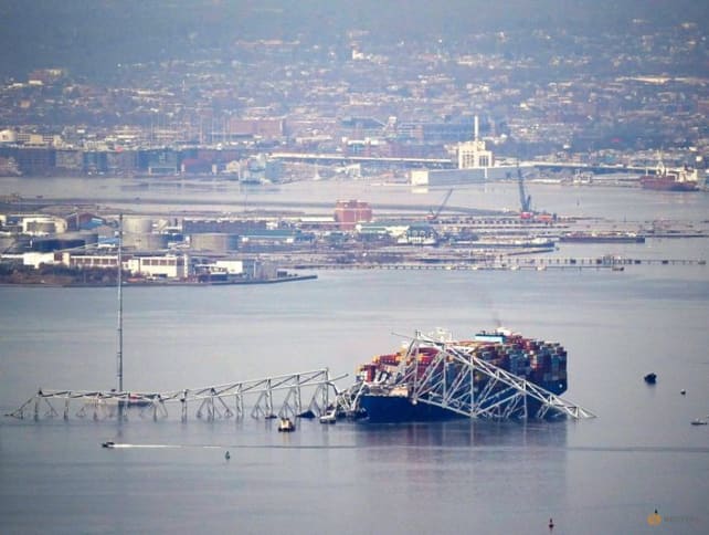 View of the Dali cargo vessel which crashed into the Francis Scott Key Bridge causing it to collapse in Baltimore, Maryland, US, on March 26, 2024. 