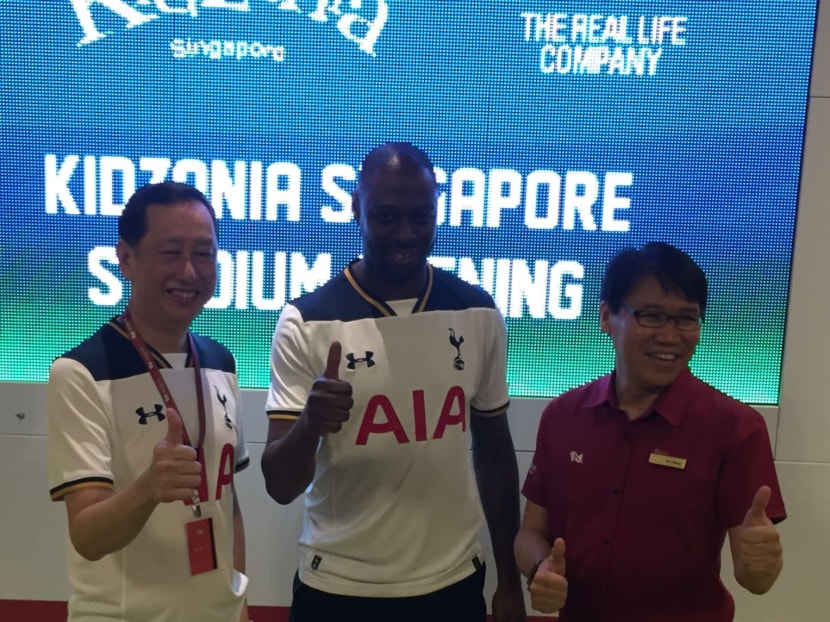 Former Tottenham Hotspur captain Ledley King (centre) is in Singapore for the official opening of KidZania Singapore's kid-sized Stadium at Palawan Kidz City, Sentosa in partnership with insurers AIA Singapore. Photo: Amanpreet Singh/TODAY