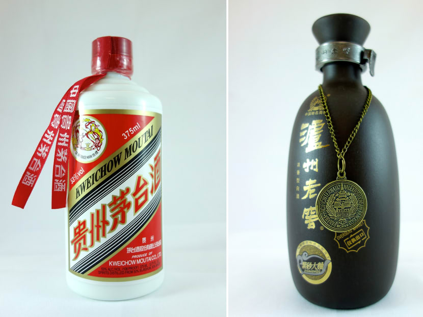 (From left) Kweichow Moutai, Luzhou Laojiao Zisha, and Shui Jing Fang are baijius that are widely consumed in China. Photo: Bloomberg