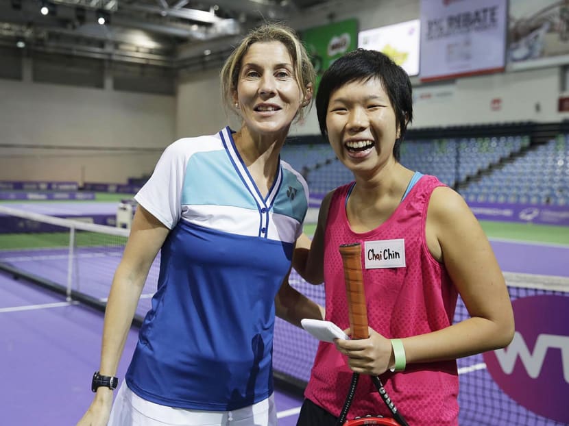 TODAY reporter Neo Chai Chin attending the WTA Tennis Coaching Clinic with Monica Seles yesterday. Photo: Wee Teck Hian