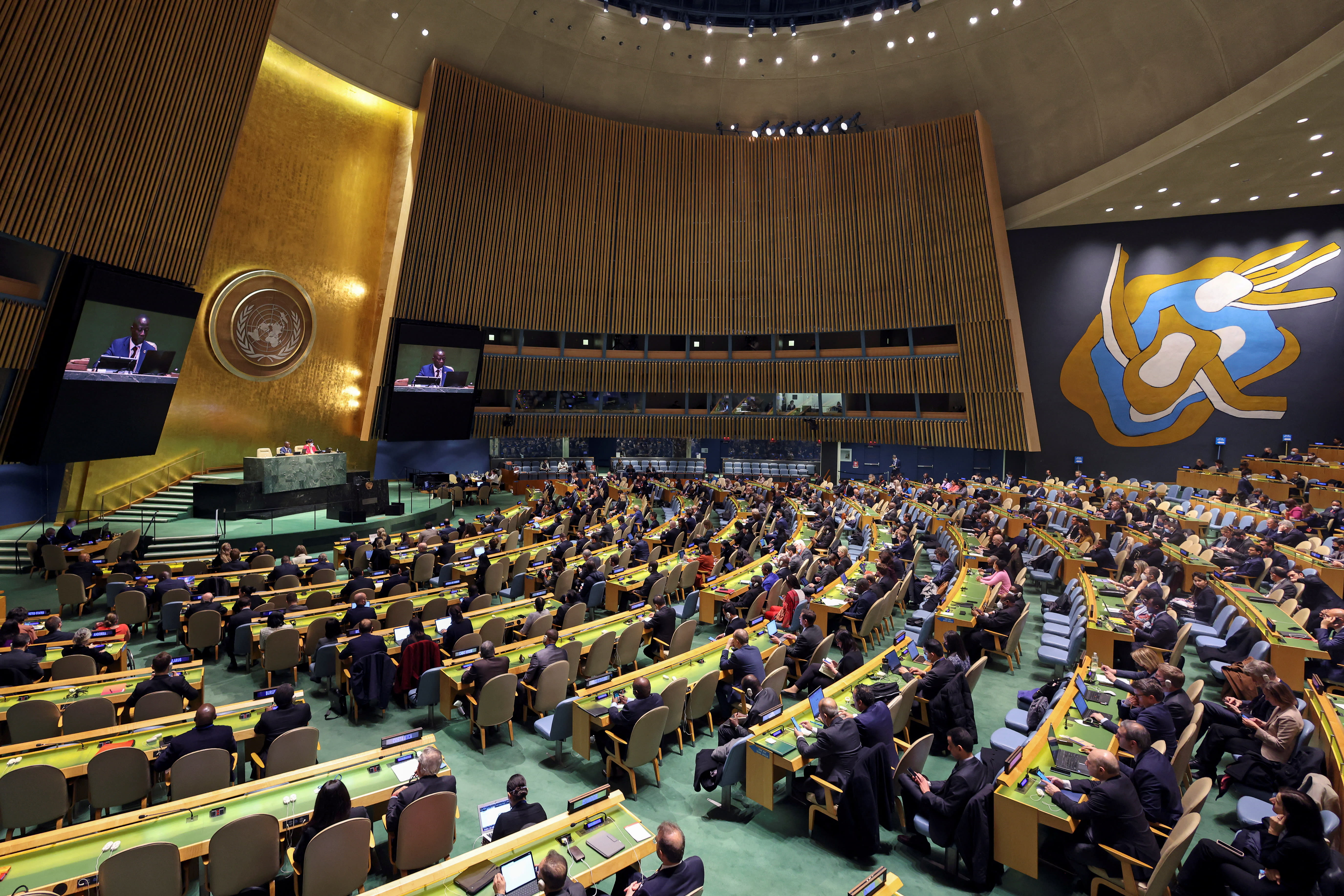 A general view of an emergency special session of the UN General Assembly on Russia's invasion of Ukraine, at the United Nations headquarters in New York City, New York, US on April 7, 2022. A general view of an emergency special session of the UN General Assembly on Russia's invasion of Ukraine, at the United Nations headquarters in New York City, New York, US on April 7, 2022.