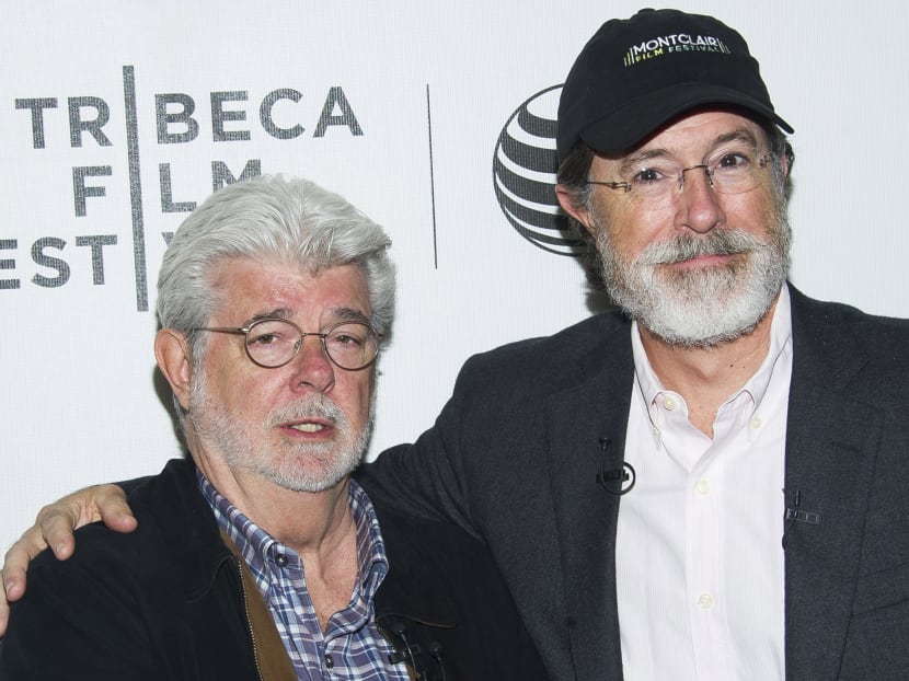 George Lucas, left, and Stephen Colbert attend the Tribeca Talks: Director Series during the Tribeca Film Festival at the BMCC Tribeca Performing Arts Center on  April 17, 2015, in New York. Photo: AP