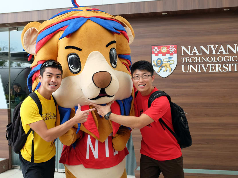 NTU students with their new mascot, Lyon the lion. Photo: NTU