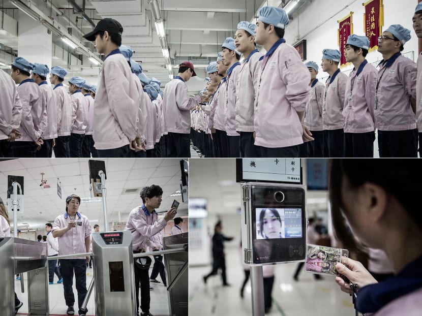 Top: The morning roll call at Pegatron. Bottom: Workers use identity checkpoints to enter the assembly line area. Photos: Bloomberg