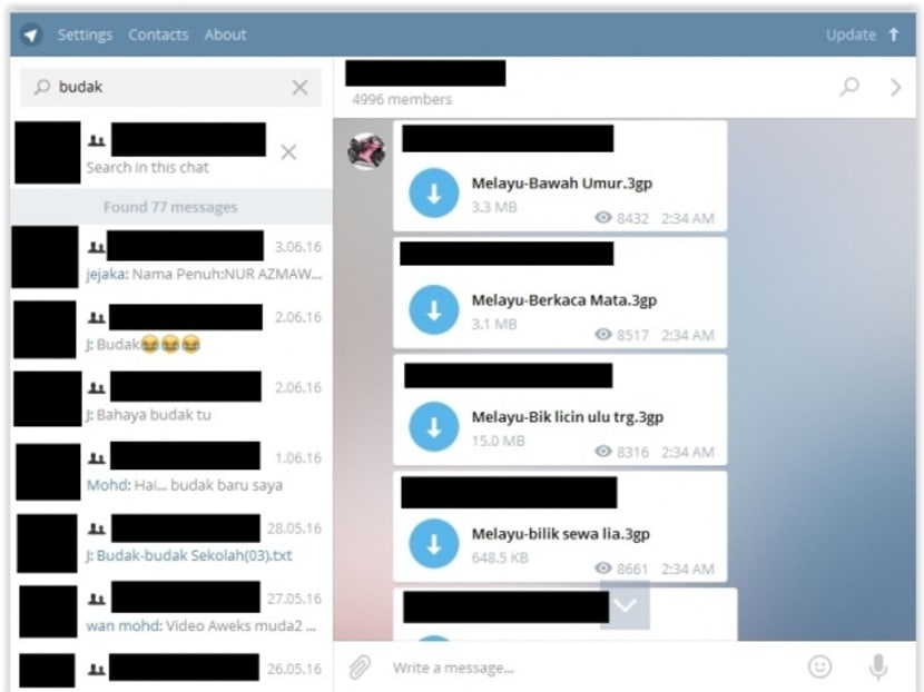 Screen capture of searches in local porn groups and channels on Telegram. The names of the group/ channel are redacted.  Photo: Malay Mail Online