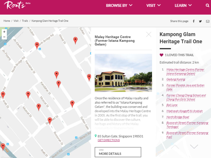 Screenshot of Kampong Glam trail location on Roots.sg.
