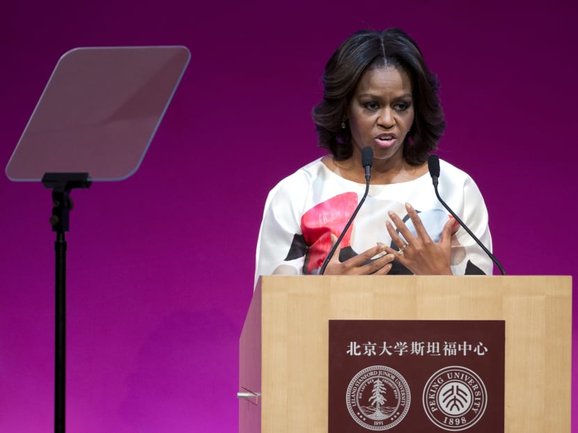 US First Lady Michelle Obama gives a speech at Stanford Center in Peking University in Beijing. Photo: AP