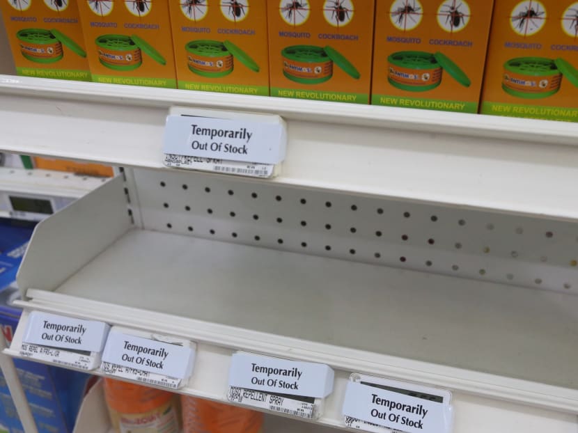 Mosquito repellents temporarily out-of-stock at a NTUC Fairprice near Yishun St 81 on Sept 2. Photo: Ooi Boon Keong
