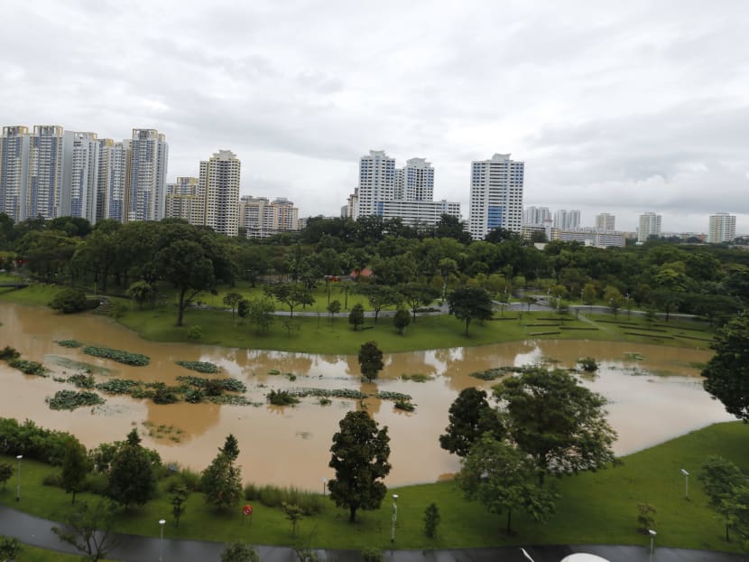 Parts of Bishan-Ang Mo Kio Park are flooded as Kallang River, which runs through it, burst its banks on Monday (Jan 23). Photo: Ernest Chua/TODAY