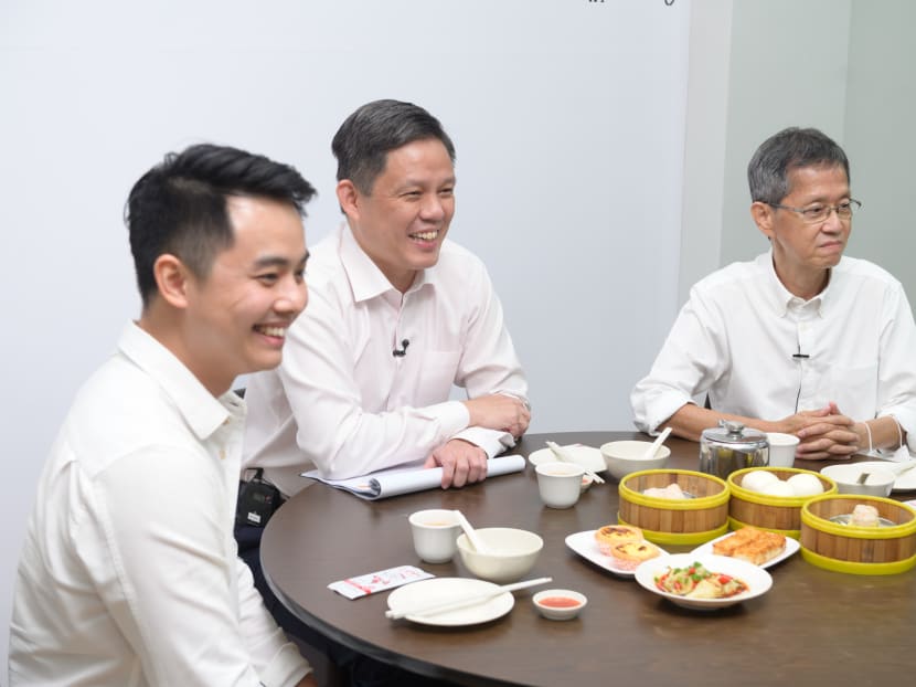Trade and Industry Minister Chan Chun Sing (centre) during a visit to Swee Choon Tim Sum Restaurant in Jalan Besar on Nov 30, 2020.