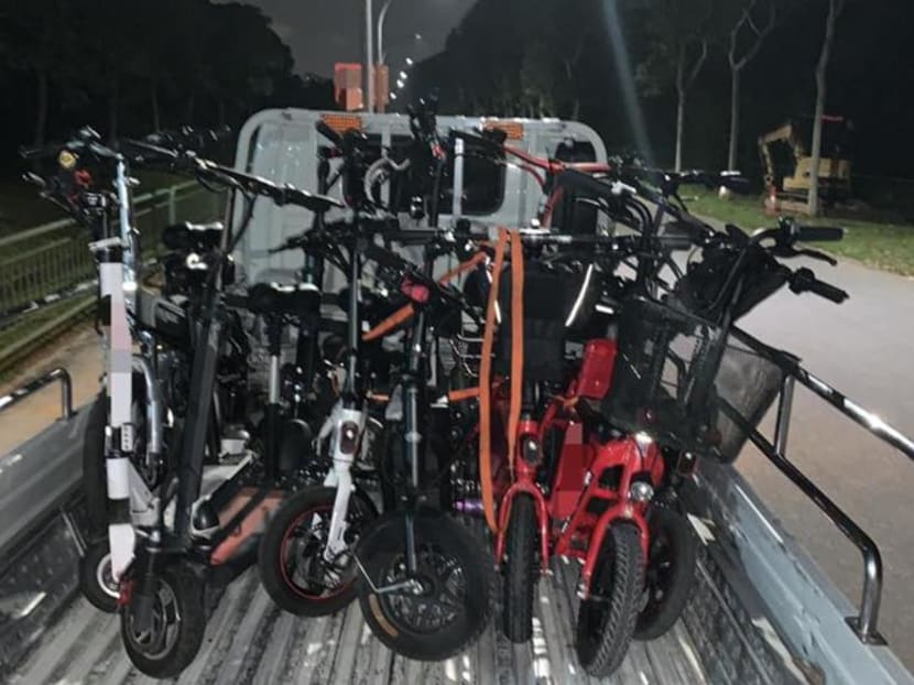 Personal mobility devices (PMD) seized by the Land Transport Authority in its crackdown on non-compliant PMDs and errant users.