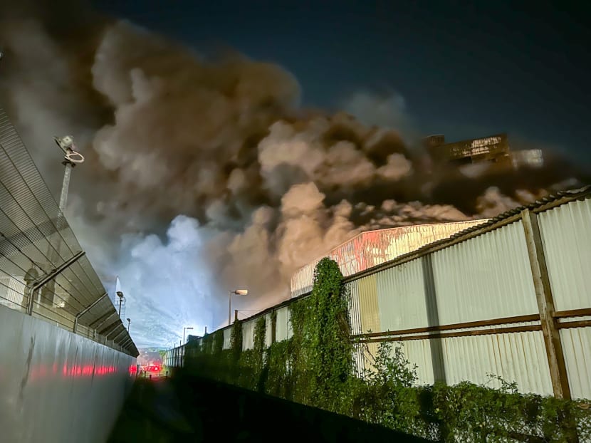 Smoke billowing out of a compound where a fire was raging along Tuas South Avenue 8 on March 13, 2023.