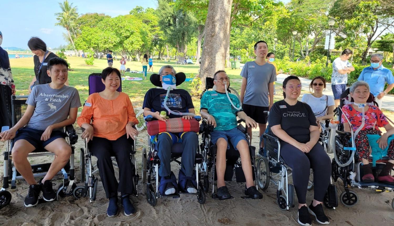 Patients who have motor neuron disease, their family members and caregivers as well as volunteers gathered at East Coast Park in May 2022. Patients who have motor neuron disease, their family members and caregivers as well as volunteers gathered at East Coast Park in May 2022.