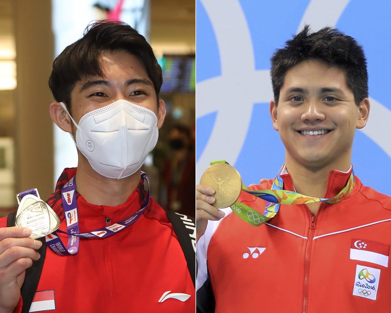 National shuttler Loh Kean Yew, seen here with the gold medal he won at the Badminton World Championship in December last year, and Joseph Schooling with his gold medal at the Rio Olympics in 2016. National shuttler Loh Kean Yew, seen here with the gold medal he won at the Badminton World Championship in December last year, and Joseph Schooling with his gold medal at the Rio Olympics in 2016.