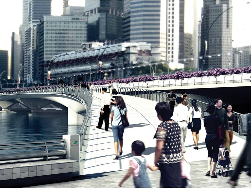 The new, wider pedestrian bridge running alongside the Esplanade Bridge. ARTIST’S IMPRESSION: URA
