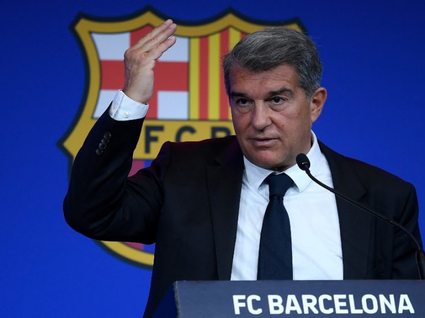 FC Barcelona president Joan Laporta holds a press conference at the Auditorium 1899 of the Camp Nou stadium in Barcelona, on May 28, 2021.