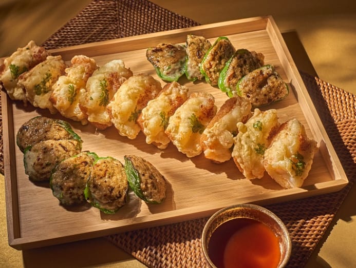 classic_pan-fried_prawn_on_toast_pan-seared_japanese_bell_peppers_stuffed_w_dace_fish