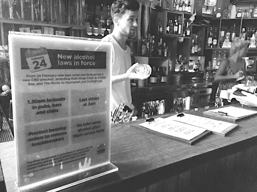 A bar in Sydney’s popular entertainment district of Kings Cross makes sure its patrons are aware of the alcohol restrictions in place. Photo: Kimberly Spykerman