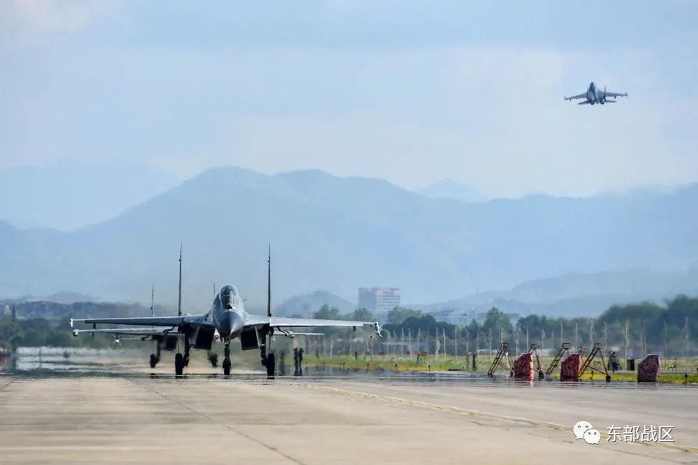 An Air Force aircraft under the Eastern Theatre Command of China's People's Liberation Army (PLA) takes off for military exercises in the waters around Taiwan, from an undisclosed location in a Aug 4  handout.