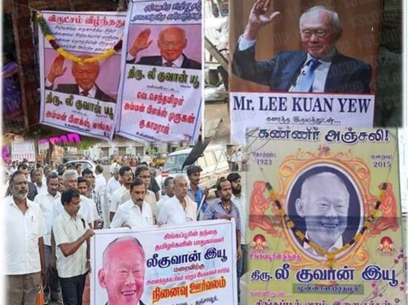 Posters mourning the loss of Lee Kuan Yew seen around the village of Ullikottai in Tamil Nadu, India. Photo: Thanabal