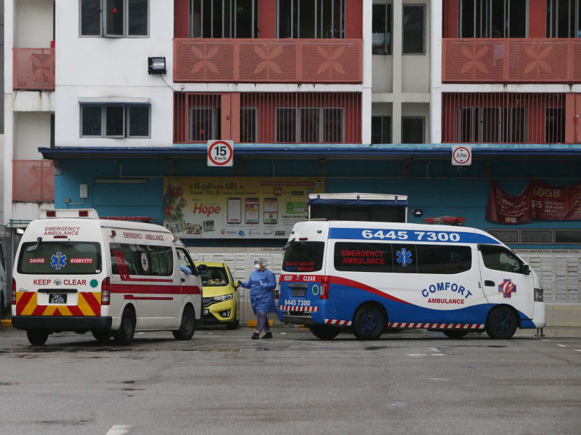 Two ambulances were seen within the premise of Westlite Woodlands Dormitory on Thursday, April 22, 2021.