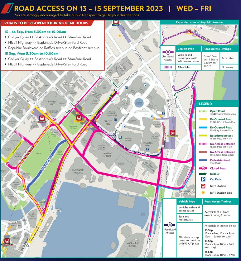 Road closures around Marina Centre, Padang area for F1 Singapore Grand