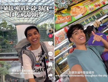 Screengrabs from a TikTok video where Andre Carrillo (pictured) used sarcasm to make various statements that are actually the opposite of how he feels about Singapore.
