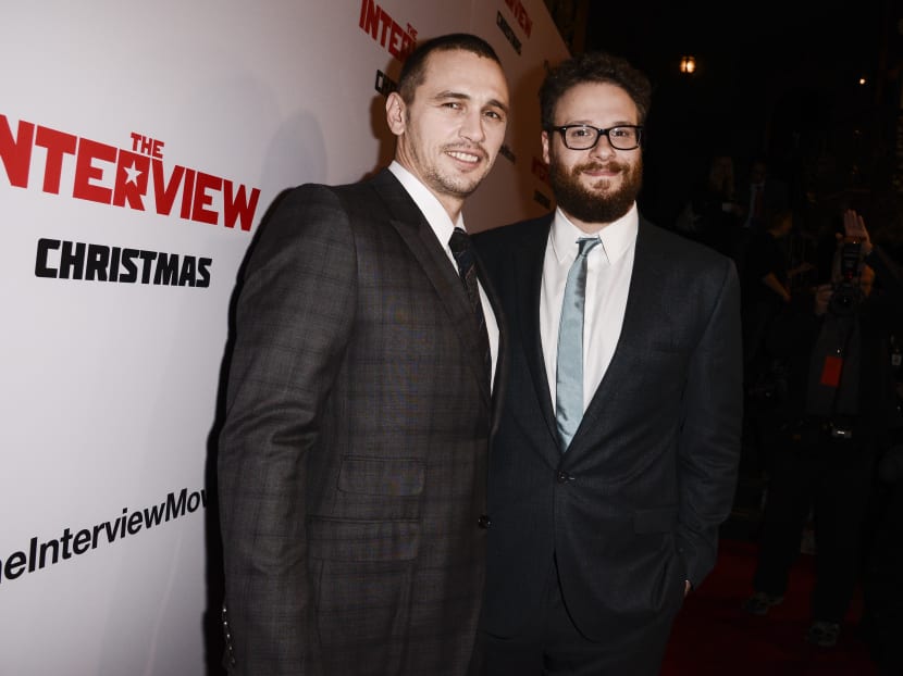 In this Dec 11, 2014 file photo, actors Seth Rogen, right, and James Franco attend the premiere of the Sony Pictures' film The Interview in Los Angeles. Photo: AP