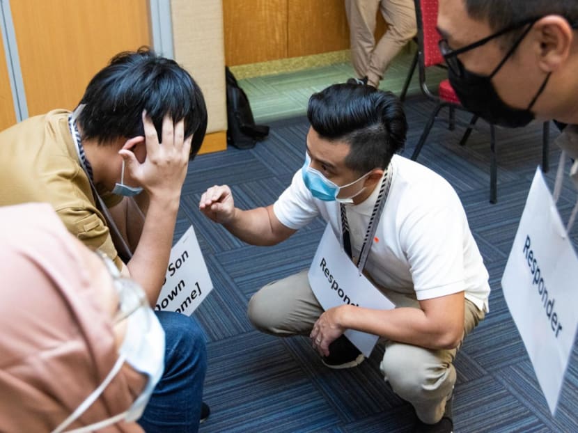 Family violence community policing officers and adjunct police trainers undergoing scenario-based training to handle cases of domestic violence. Family violence community policing officers and adjunct police trainers undergoing scenario-based training to handle cases of domestic violence.