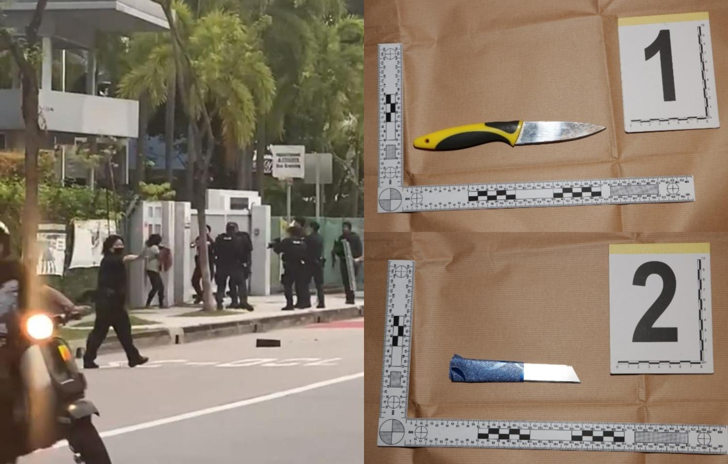 A composite of a screengrab of the incident outside St Hilda’s Secondary School on Sept 19, 2022, as well as the two knives seized by the authorities after the woman’s arrest. A composite of a screengrab of the incident outside St Hilda’s Secondary School on Sept 19, 2022, as well as the two knives seized by the authorities after the woman’s arrest.