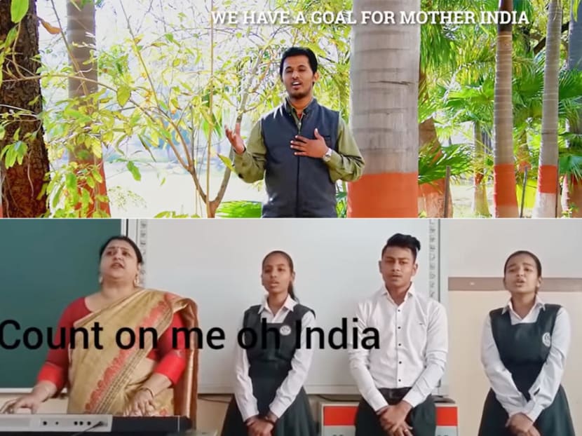 A screenshot of a video showing people in India singing a song that sounds close to Count on Me, Singapore.