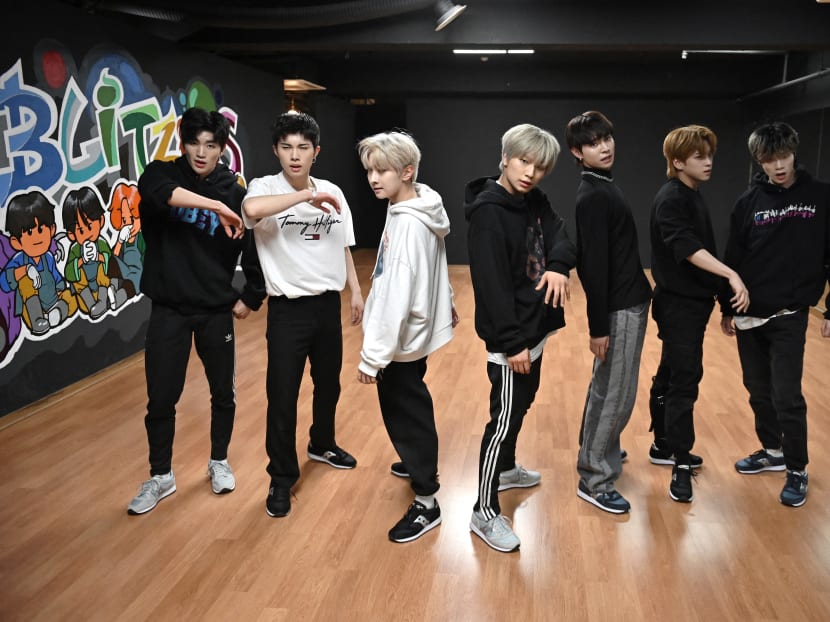 Members of the K-pop boy band Blitzers perform during their dance practise session at a rehearsal studio in Seoul, South Korea on April 29, 2021.