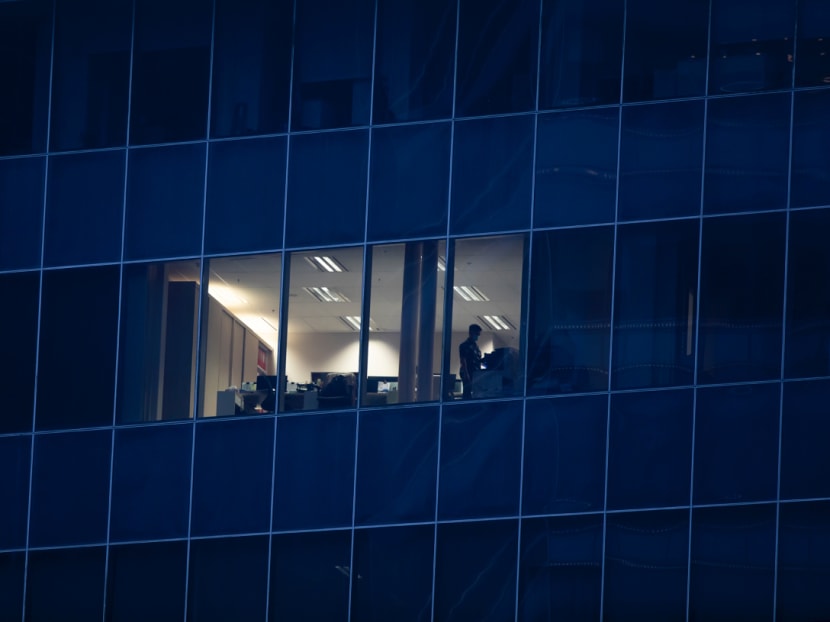 A person is seen in an office in the Central Business District during the circuit breaker period.