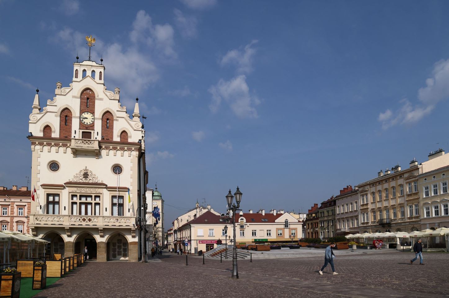 A general view of the old market place with the town hall in Rzeszow, Poland on April 29, 2022. 

