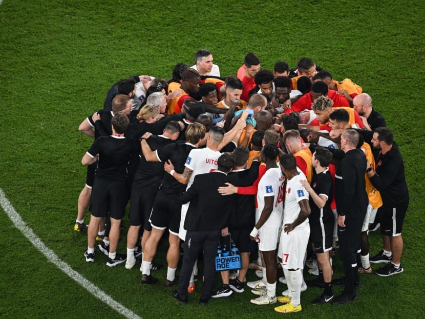 Canada team huddle after the Qatar 2022 World Cup Group F football match between Belgium and Canada at the Ahmad Bin Ali Stadium in Al-Rayyan, west of Doha on Nov 23, 2022.
Canada team huddle after the Qatar 2022 World Cup Group F football match between Belgium and Canada at the Ahmad Bin Ali Stadium in Al-Rayyan, west of Doha on Nov 23, 2022.
