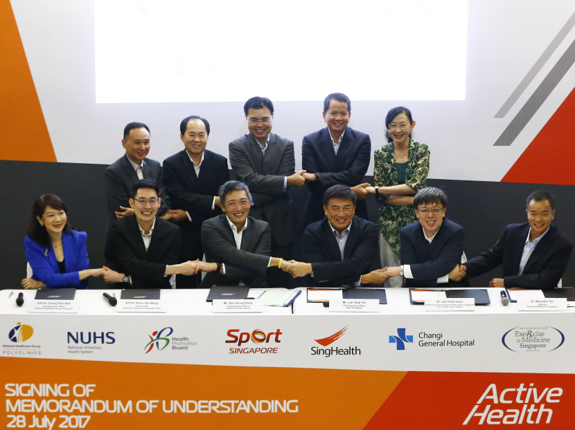 The Active Health MOU signing between Sport Singapore and its five partners was held on Friday (July 28) at the SportSG auditorium at the Singapore Sports Hub. Photo: SportSG